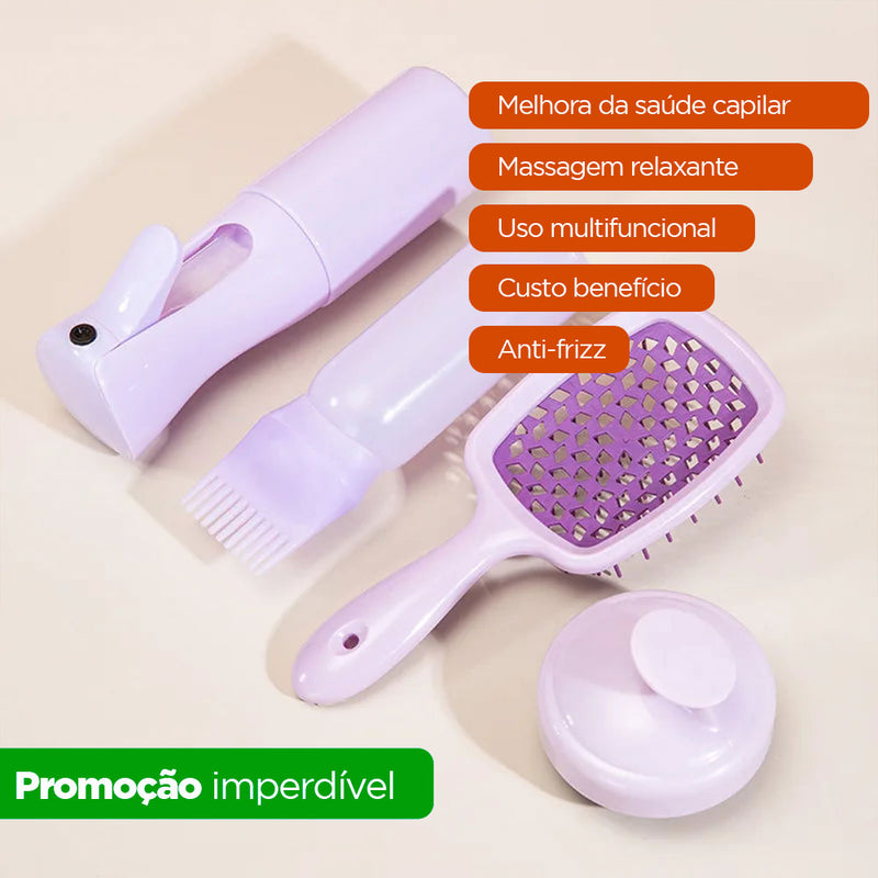 Kit profissional para cabelo: Pente, borrifador, aplicador e massageador